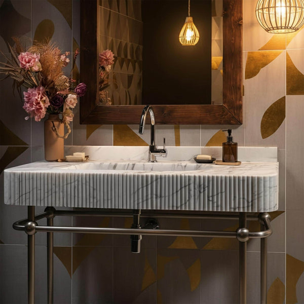 Fluted Carrara Marble Console Sink with Metal Base M3M007 hover