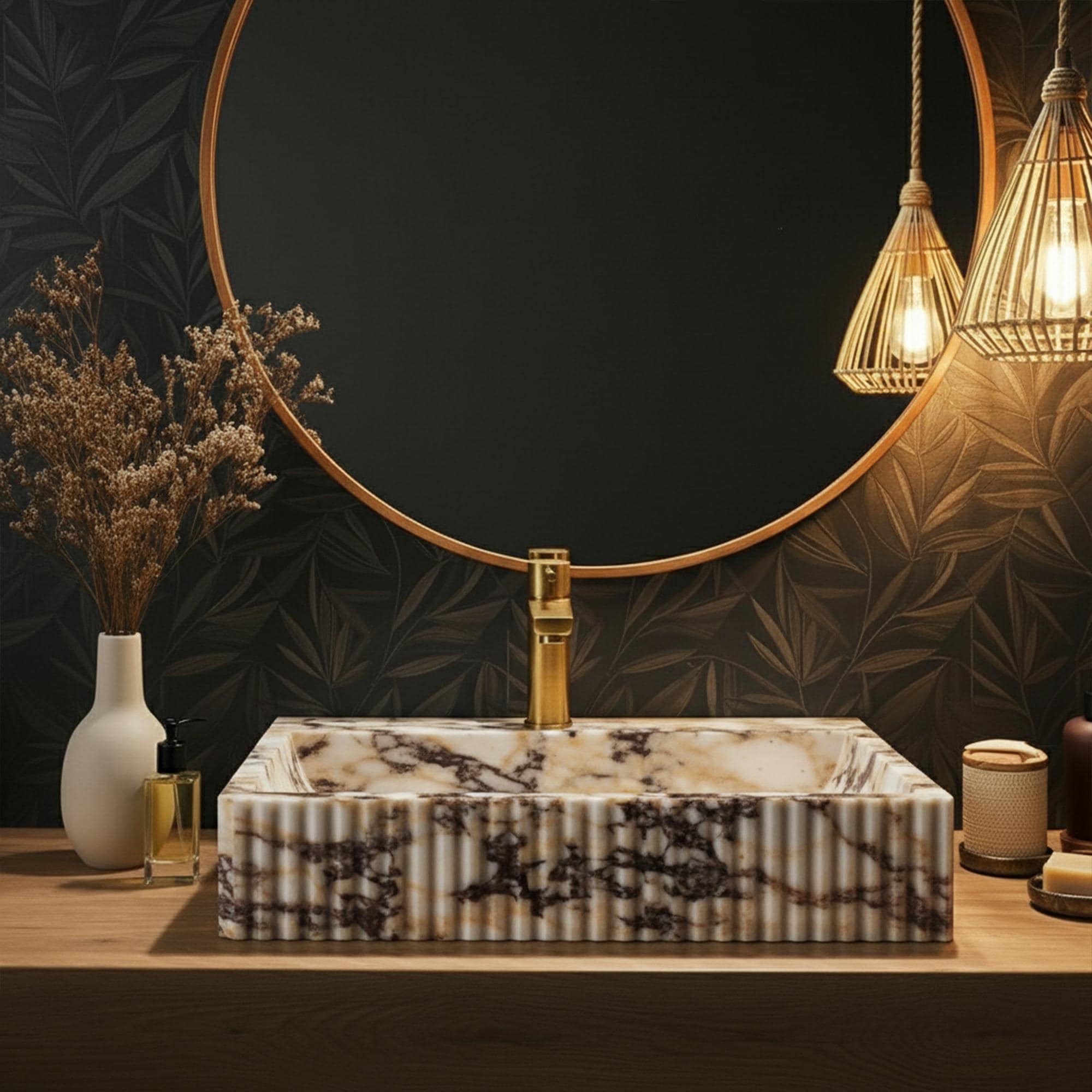 This luxury bathroom sink features rich amber and violet veining on hand-carved marble with an Art Deco silhouette.