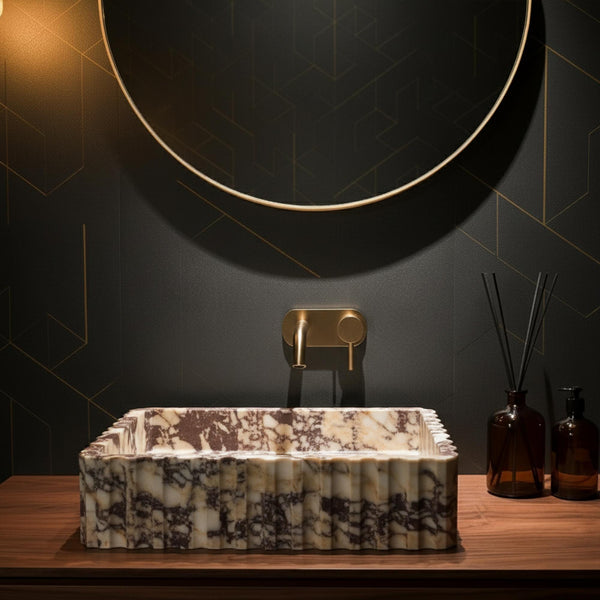 Calacatta Amber Viola Fluted Marble Sink – Art Deco Vessel Basin M3F048 hover