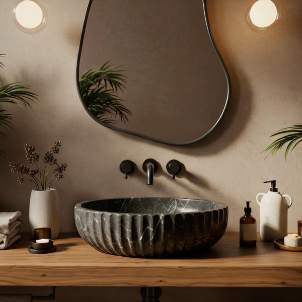 Black Marble Fluted Vessel Sink, Stone Bathroom Vanity, Luxury Marble Basin, Modern Floating Sink, Custom Stone Vanity M3S058 hover