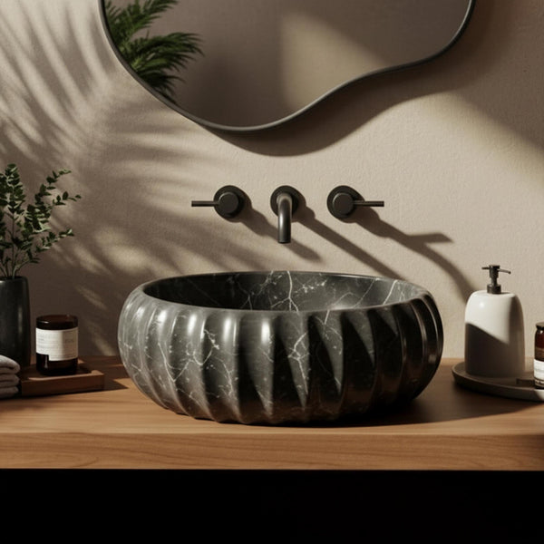 Black Fluted Marble Vessel Sink with Sculpted Matte Finish M3S049