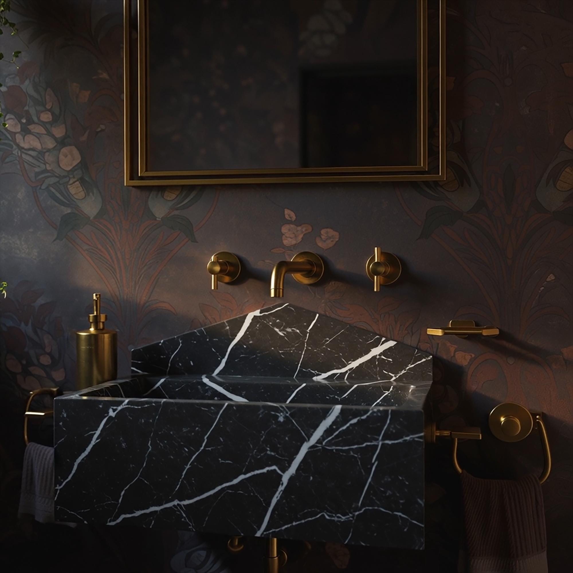 Black Marble Sink with Backsplash, Nero Marble Wall Mount Sink for Powder Room