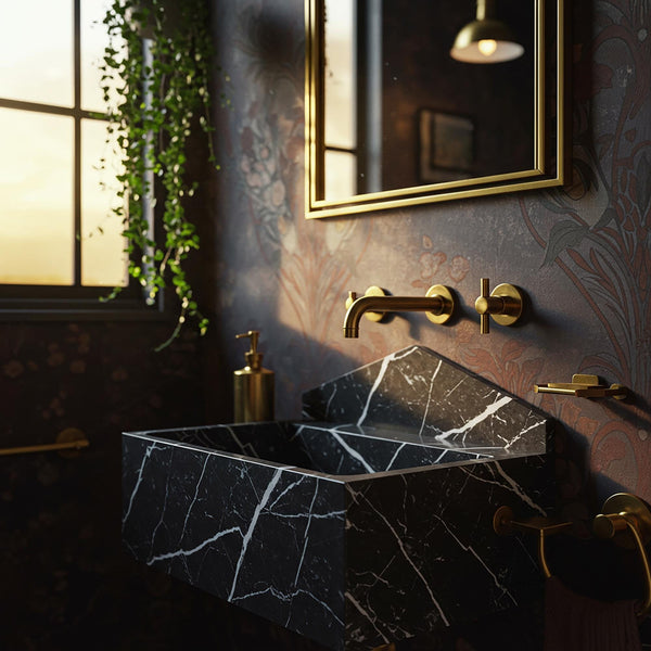 Black Marble Sink with Backsplash, Nero Marble Wall Mount Sink for Powder Room, Custom Stone Vanity for Luxury Bathroom, Floating Sink M3S67
