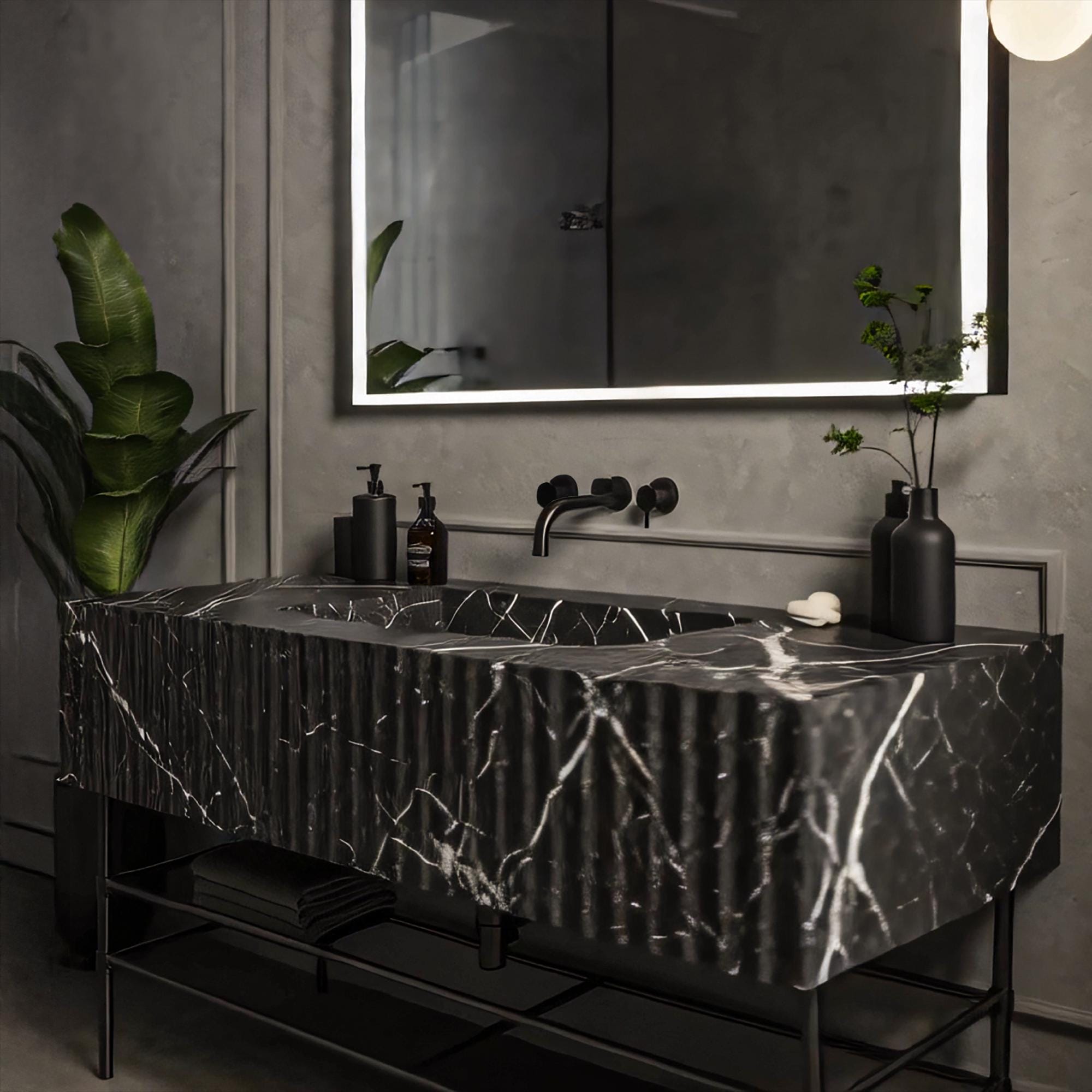 Black Marble Vanity, Fluted Stone Sink