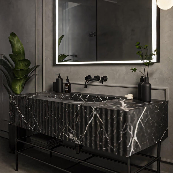Black Marble Vanity, Fluted Stone Sink, Wall Mounted Sink, Modern Bathroom Vanity, Marble Sink Basin, Custom Marble Sink M3M059 hover