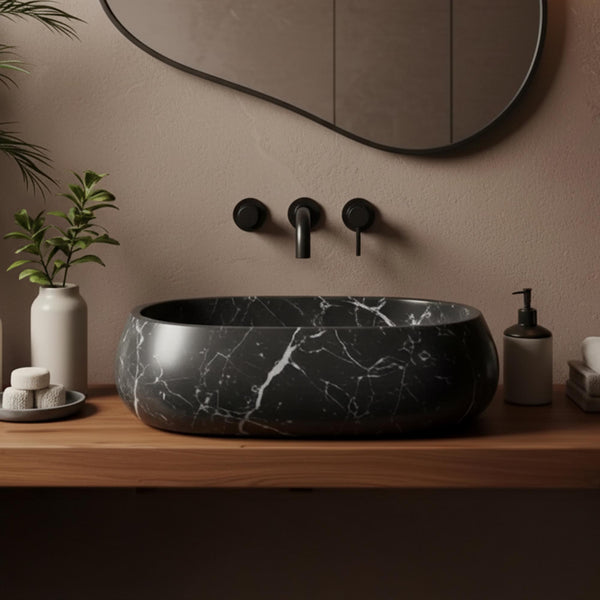 Curved Black Marble Vessel Sink – Modern Oval Stone Basin M3S057