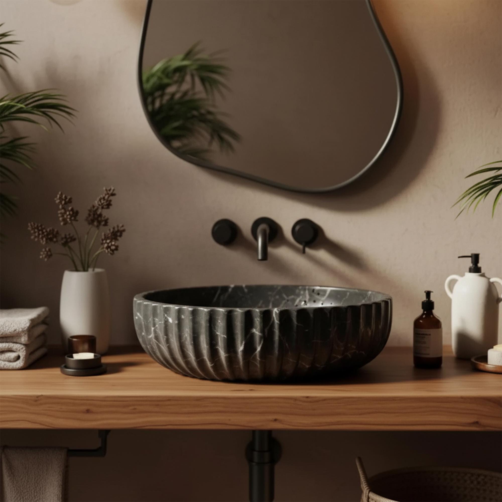 Black Marble Fluted Vessel Sink