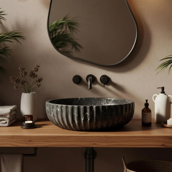 Black Marble Fluted Vessel Sink, Stone Bathroom Vanity, Luxury Marble Basin, Modern Floating Sink, Custom Stone Vanity M3S058