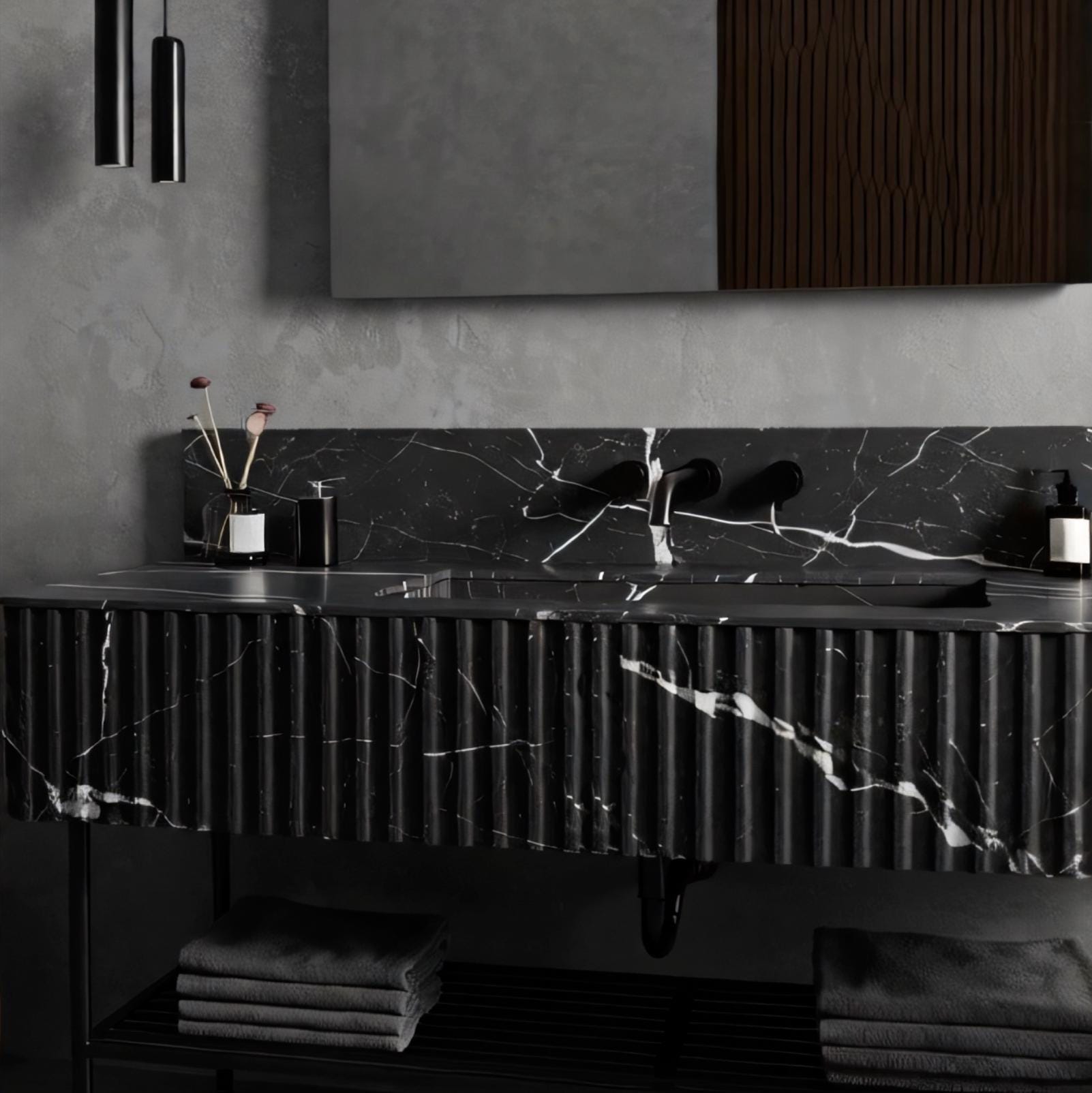 Black Marble Wall Mounted Sink, Fluted Vanity Basin