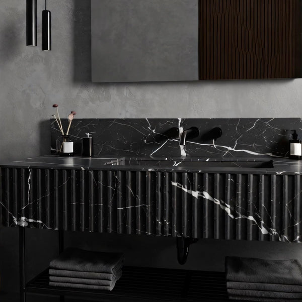 Black Marble Wall Mounted Sink, Fluted Vanity Basin, Modern Bathroom Decor, Stone Sink, Marble Sink With Legs, Floating Sink Design M3M025 hover