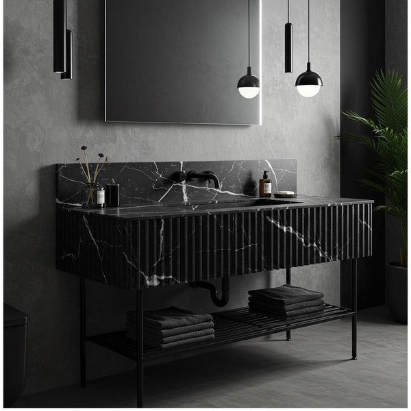 Black Marble Wall Mounted Sink, Fluted Vanity Basin, Modern Bathroom Decor, Stone Sink, Marble Sink With Legs, Floating Sink Design M3M025
