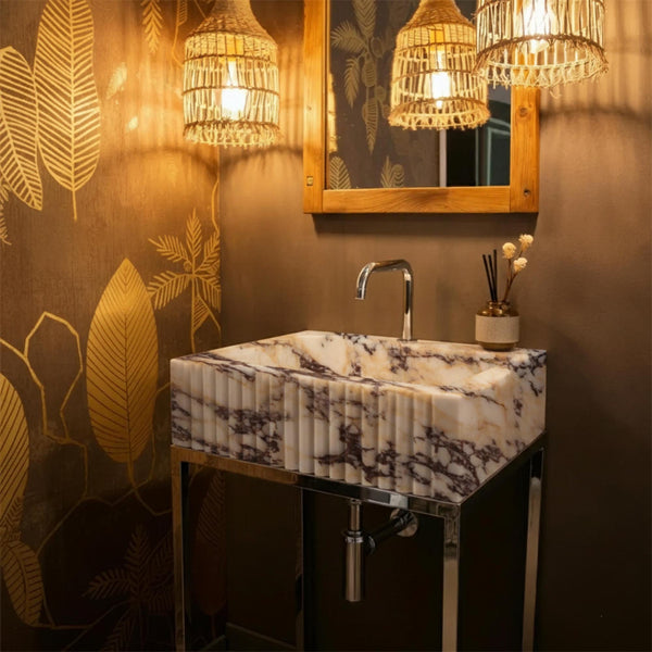 Calacatta Amber Viola Fluted Marble Sink – Luxe Matte Black Vessel for Elegant Retreats M3M050