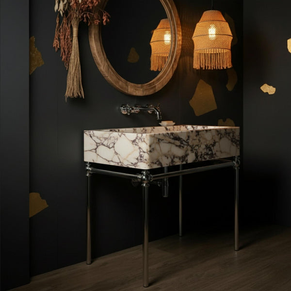 Calacatta Amber Viola Marble Sink Bespoke Fluted Marble Sink with Polished Steel Frame – Sculptural Vanity Art for Designer Bathrooms M3M030 hover