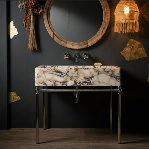Calacatta Amber Viola Marble Sink Bespoke Fluted Marble Sink with Polished Steel Frame – Sculptural Vanity Art for Designer Bathrooms M3M030