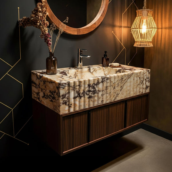 Calacatta Amber Viola Fluted Marble Sink with Floating Vanity M3F020