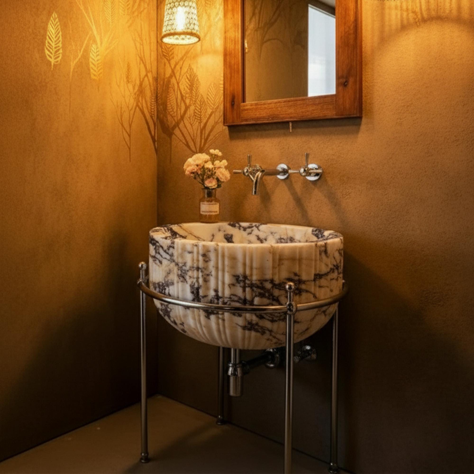 Calacatta Amber Viola Round Marble Sink Fluted Design with Optional Brass Stand 