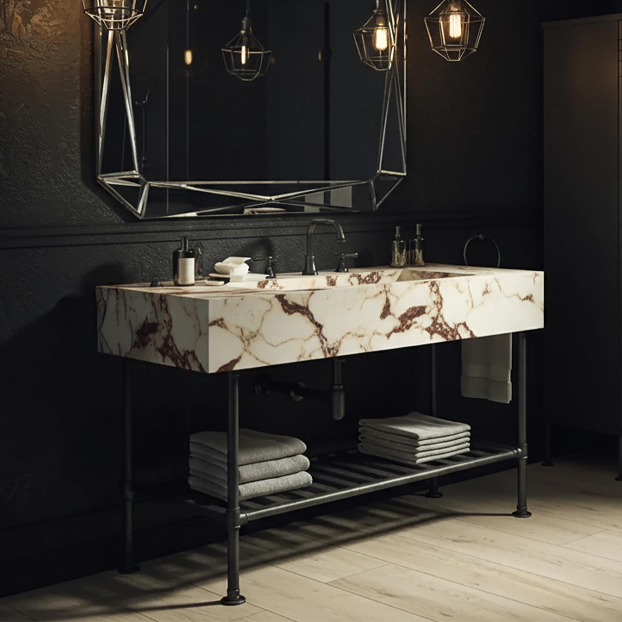 This bathroom vanity features a striking Calacatta Amber marble sink mounted on a sleek black industrial-style base.