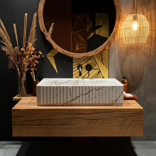 Calacatta Gold Marble Fluted Sink with Oak Floating Vanity M3F044