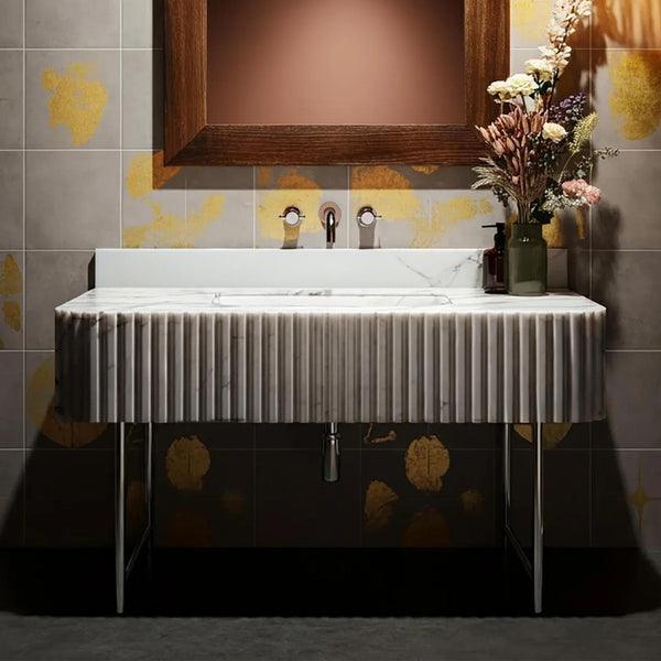 Carrara Fluted Marble Sink, Luxury Wall Vanity, Marble Sink with Metal Legs, Modern Bathroom Basin M3M060