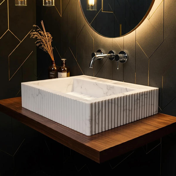 Carrara Marble Fluted Rectangular Vessel Sink M3F052