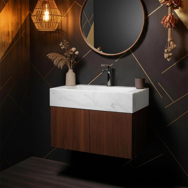 Carrara Marble Ramp Sink with Walnut Floating Vanity M3F021