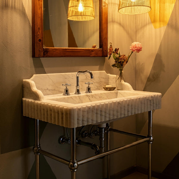 Fluted Carrara Marble Farmhouse Sink with Sculpted Backsplash M3M003