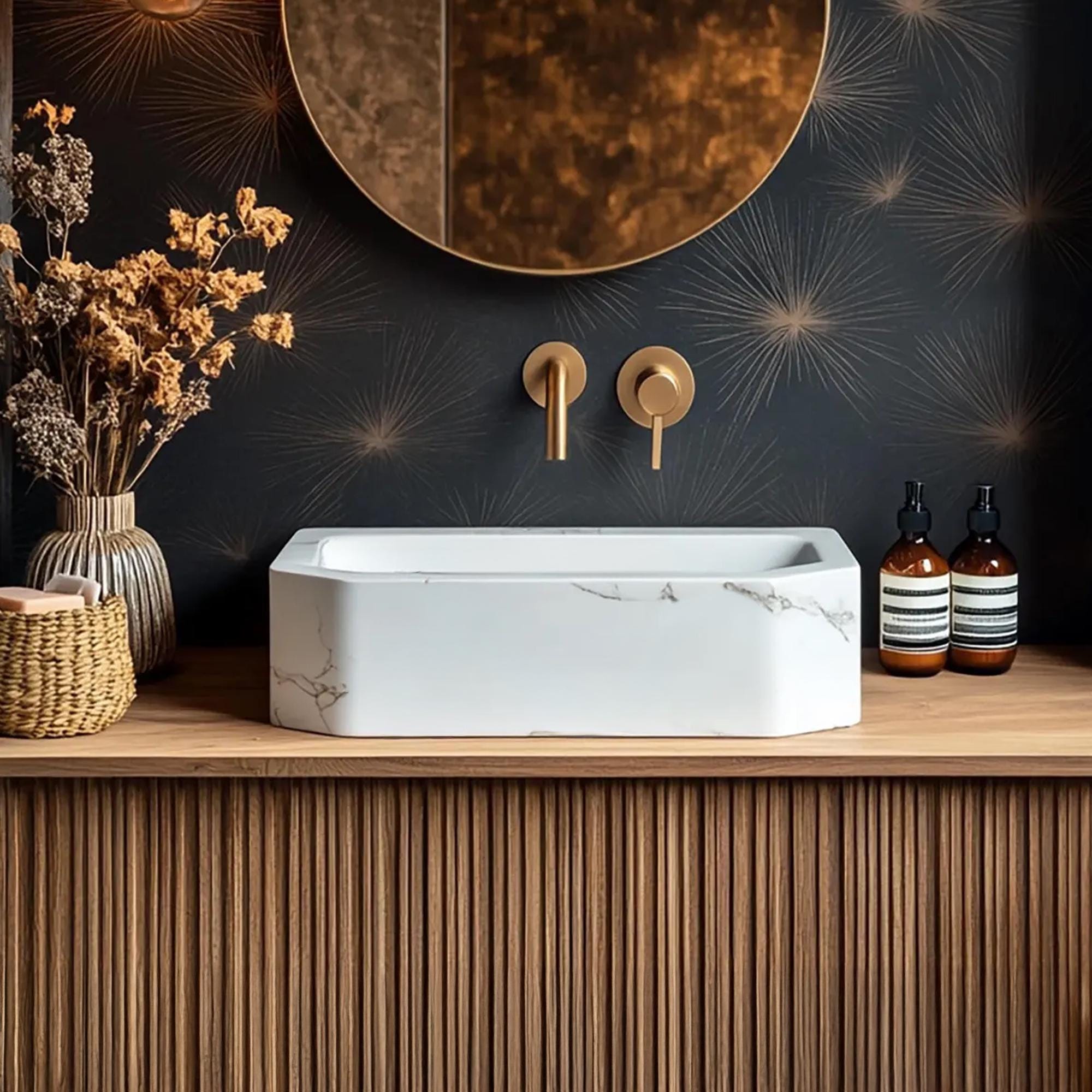 Carrara Marble Sink with Optional Fluted Walnut Vanity