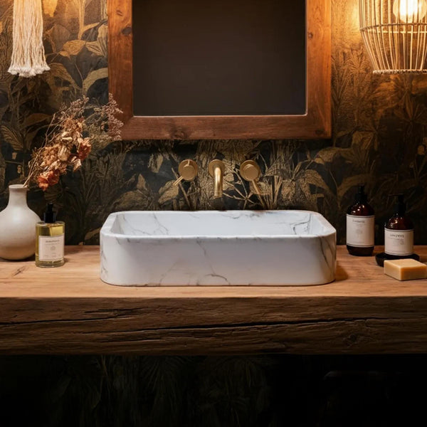 Carrara Marble Vanity Sink with Rustic Oak Console – Luxe Stone Basin for Elegant Retreat Bathrooms M3S046