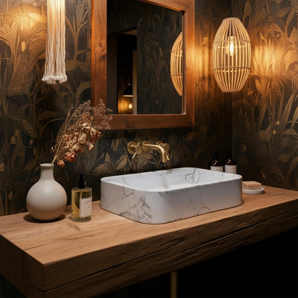 Carrara Marble Vanity Sink with Rustic Oak Console – Luxe Stone Basin for Elegant Retreat Bathrooms M3S046 hover
