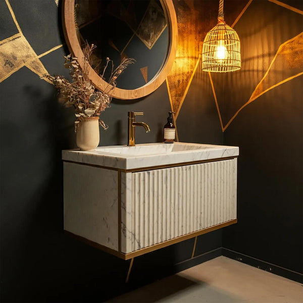 Carrara Marble Wall Mount Vanity with Sink – Fluted Floating Bathroom Cabinet with Gold Trim M3F033