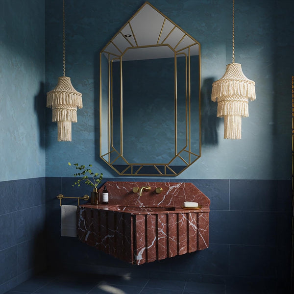 Cherry Marble Fluted Sink, Wall Mounted Red Stone Vanity with Backsplash, Custom Floating Sink for Powder Room, Luxury Bathroom Decor M3S69 hover