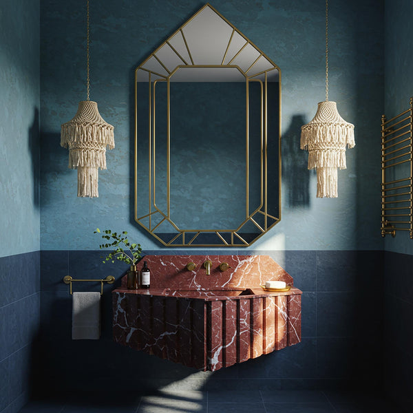 Cherry Marble Fluted Sink, Wall Mounted Red Stone Vanity with Backsplash, Custom Floating Sink for Powder Room, Luxury Bathroom Decor M3S69