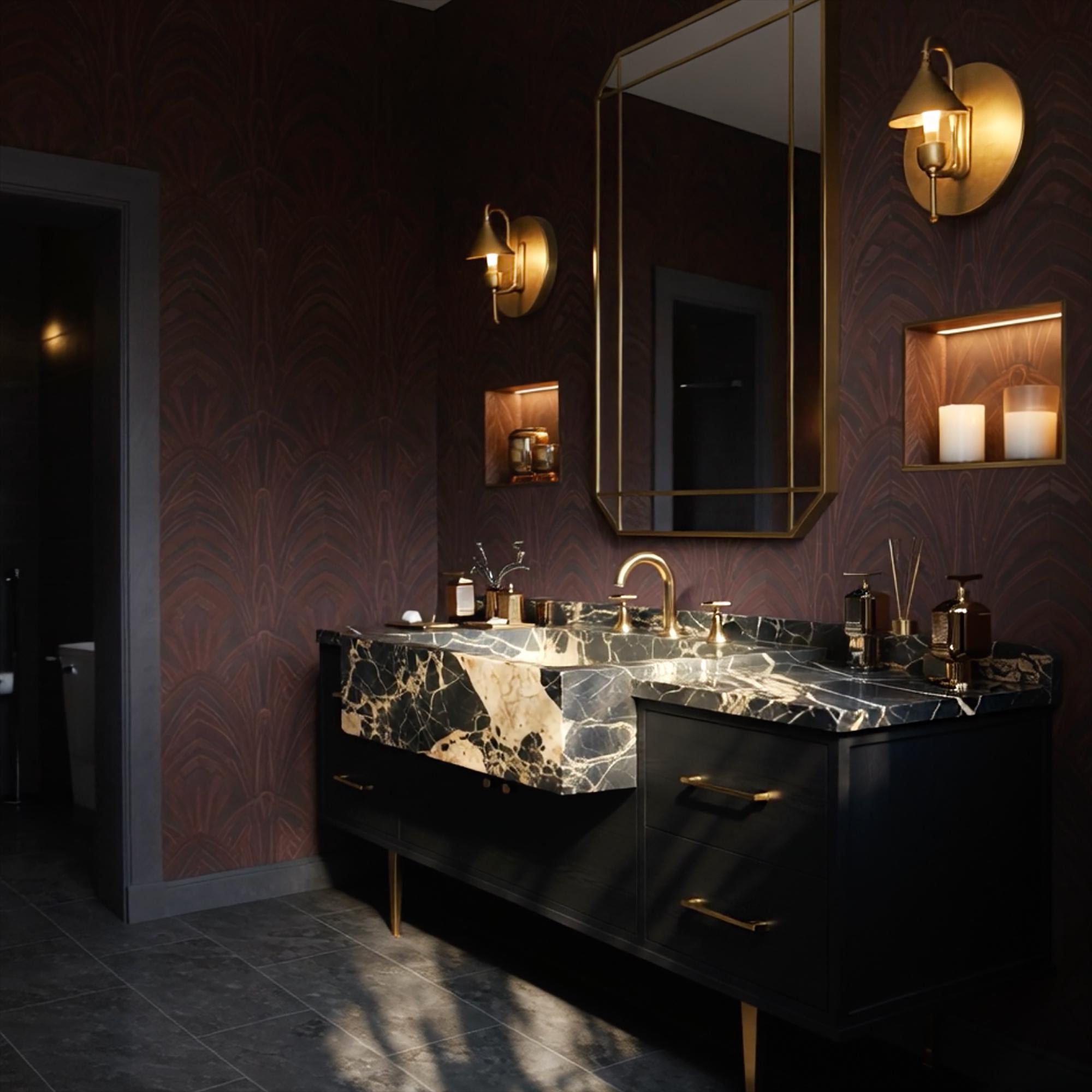 The custom-designed marble vanity features gold accents and integrated sinks, perfect for upscale interiors.