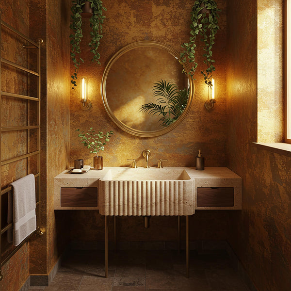 Custom Travertine Sink Vanity With Fluted Marble Sink Basin, Natural Stone Bathroom Vanity Top For Interior Design Lovers M3M95