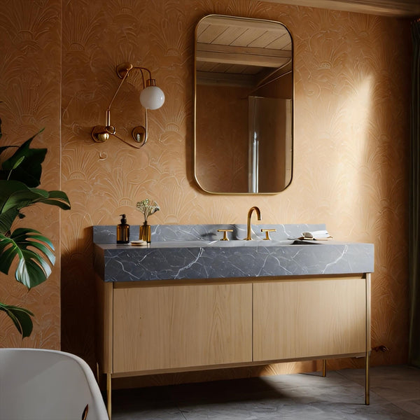 Pietre Notte Gray Marble Sink with Oak Vanity – Luxe Bathroom Statement M3F015 hover