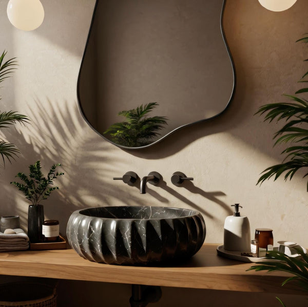 Black Fluted Marble Vessel Sink with Sculpted Matte Finish M3S049 hover