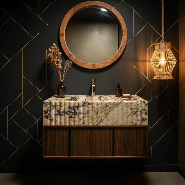 Calacatta Amber Viola Fluted Marble Sink with Floating Vanity M3F020 hover