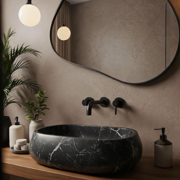 Curved Black Marble Vessel Sink – Modern Oval Stone Basin M3S057 hover