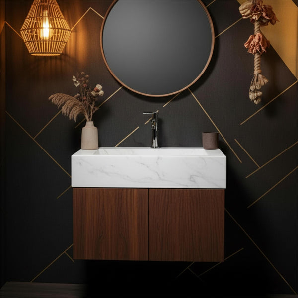 Carrara Marble Ramp Sink with Walnut Floating Vanity M3F021 hover