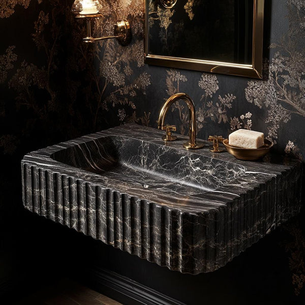 Fluted Pietre Notte Marble Wall-Mount Sink with Gold Fixtures M3S014