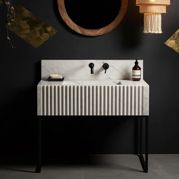 Modern Fluted Carrara Marble Sink with Black Frame M3M035