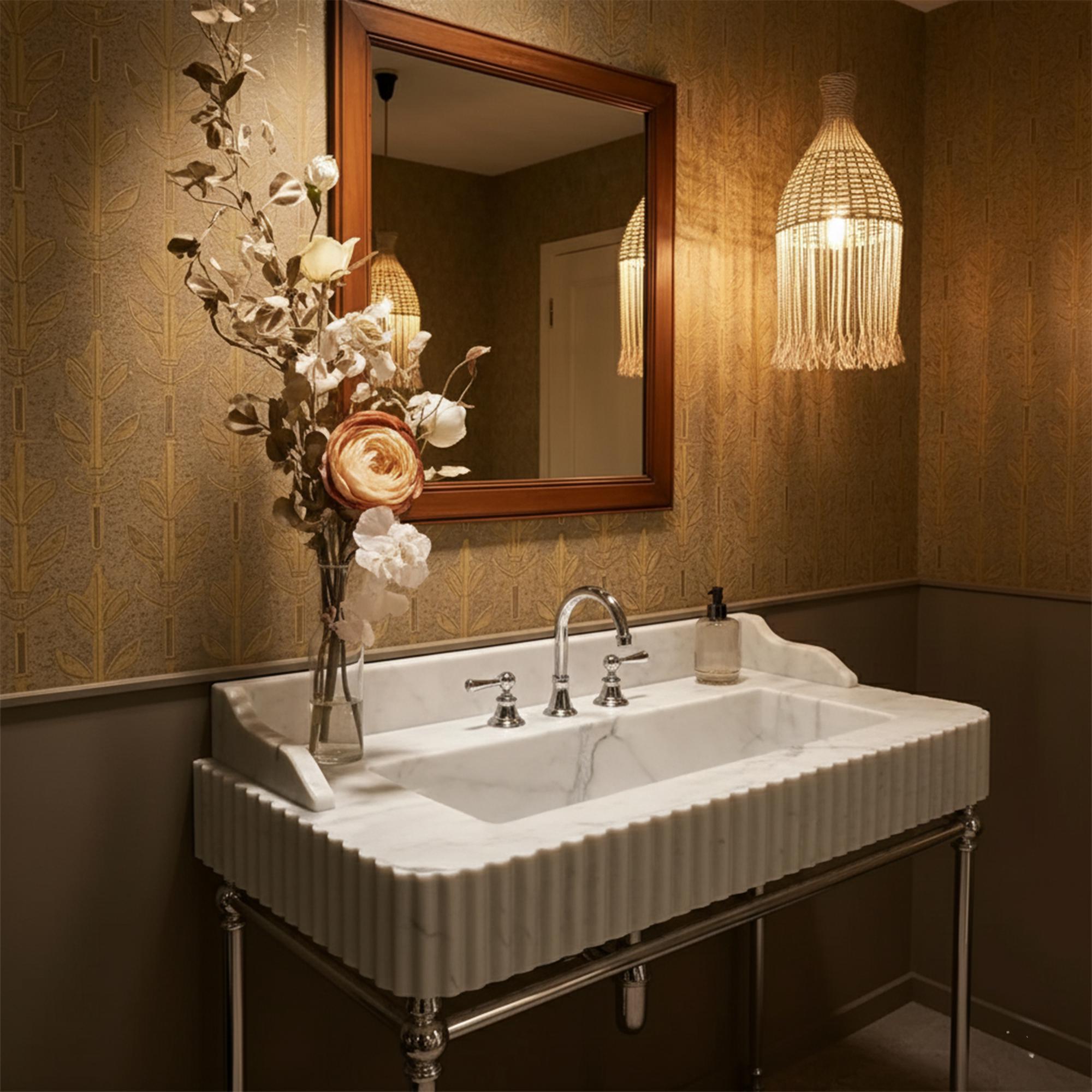Elegant fluted marble vanity with dual sinks and polished chrome base, perfect for timeless luxury interiors.