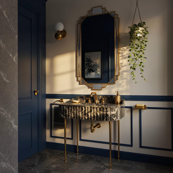 Fluted Marble Sink In Picasso Marble, Wall Mount Sink Vanity Console With Stone Sink Basin For Elegant Bathroom Interiors M3M90 hover