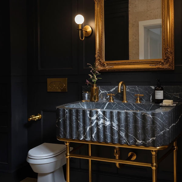 Fluted Marble Sink, Nero Marble Console Sink with Backsplash, Custom Stone Sink for Luxury Bath, Vintage Farmhouse Vanity Design M3M010 hover
