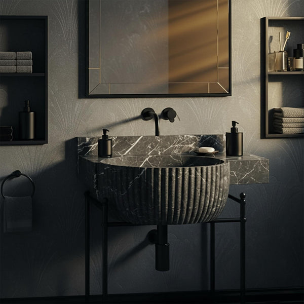 Fluted Pietre Notte Marble Wall Sink with Matte Black Base M3M019 hover