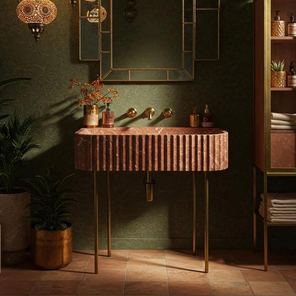Rosé Fluted Marble Sink with Brass Legs – Luxe Wall-Mount Vanity M3M011