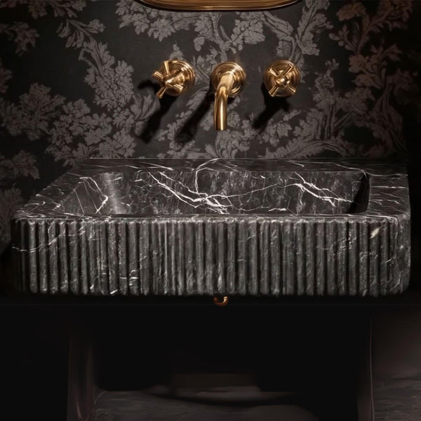 Majestic Pietre Notte Marble Sink – Fluted Wall-Mount Basin with Gold Accents M3S038 hover