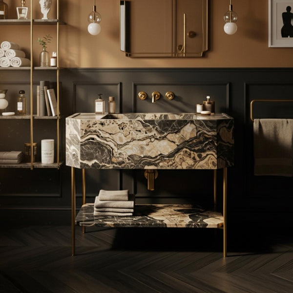 Picasso Marble Console Vanity – Sculptural Freestanding Sink with Brass Accents M3M006