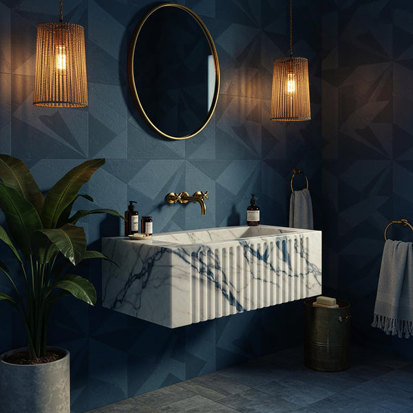 Grey Viola Marble Sink, Wall Mounted Fluted Marble Sink Basin, Floating Stone Sink for Bathroom Vanity, Luxury Bathroom Design M3S84