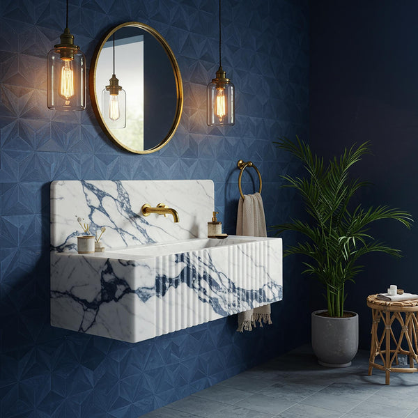 Grey Viola Marble Wall Mounted Sink – Fluted Marble Vanity Basin, Custom Natural Stone Sink for Bathroom Vanity, Marble Sink Top M3S83